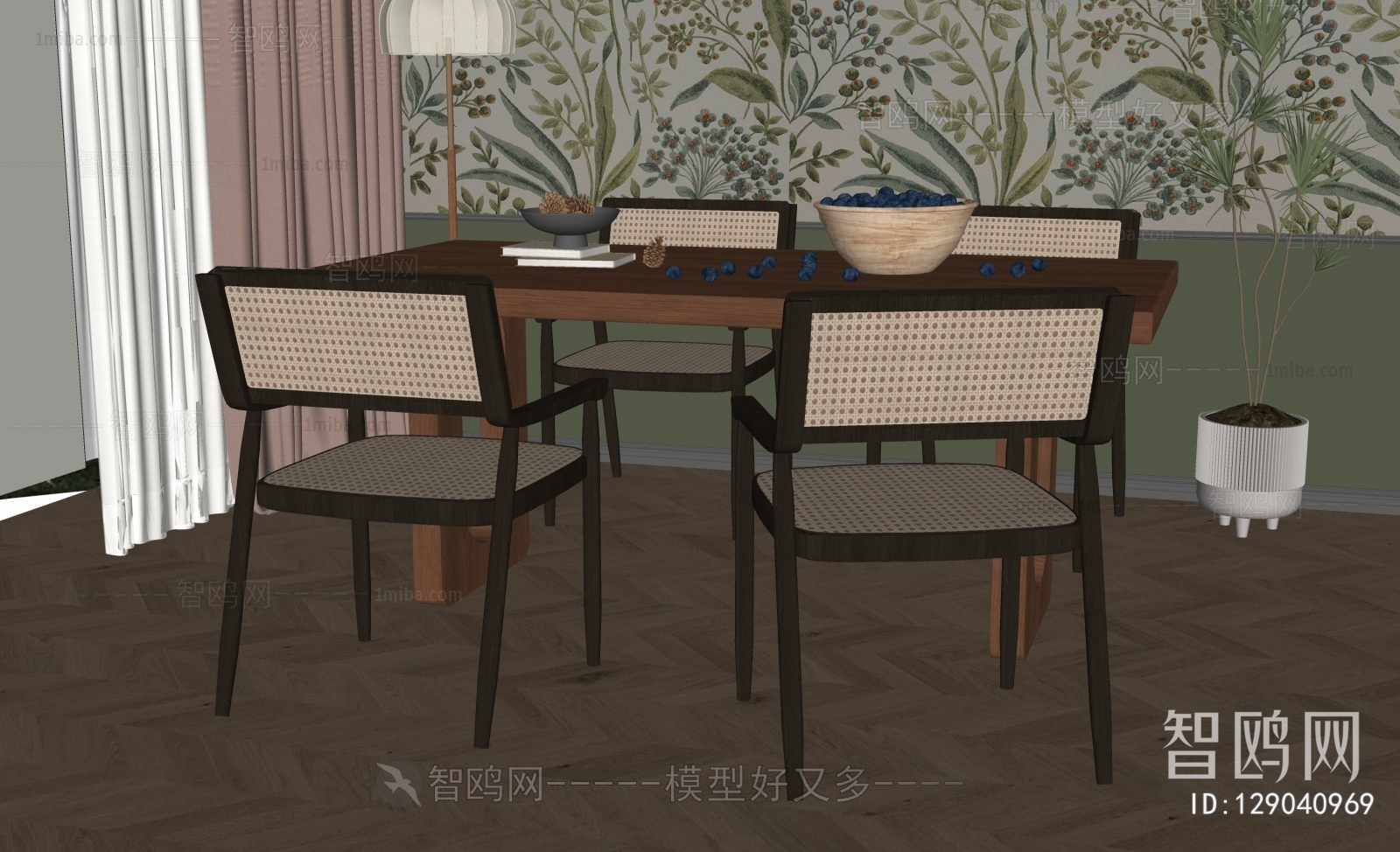 美式复古餐桌藤编椅组合