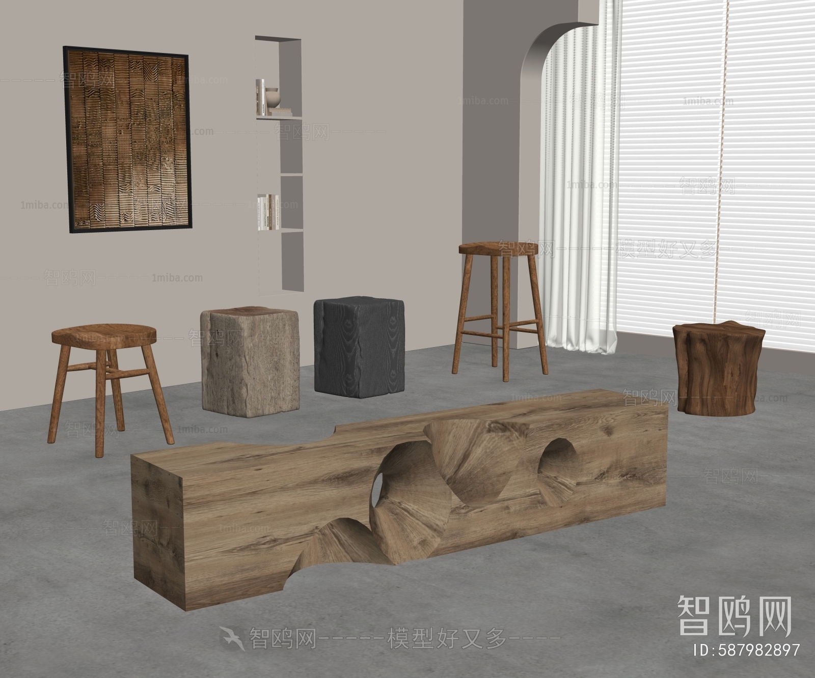 侘寂风实木长凳3D模型下载