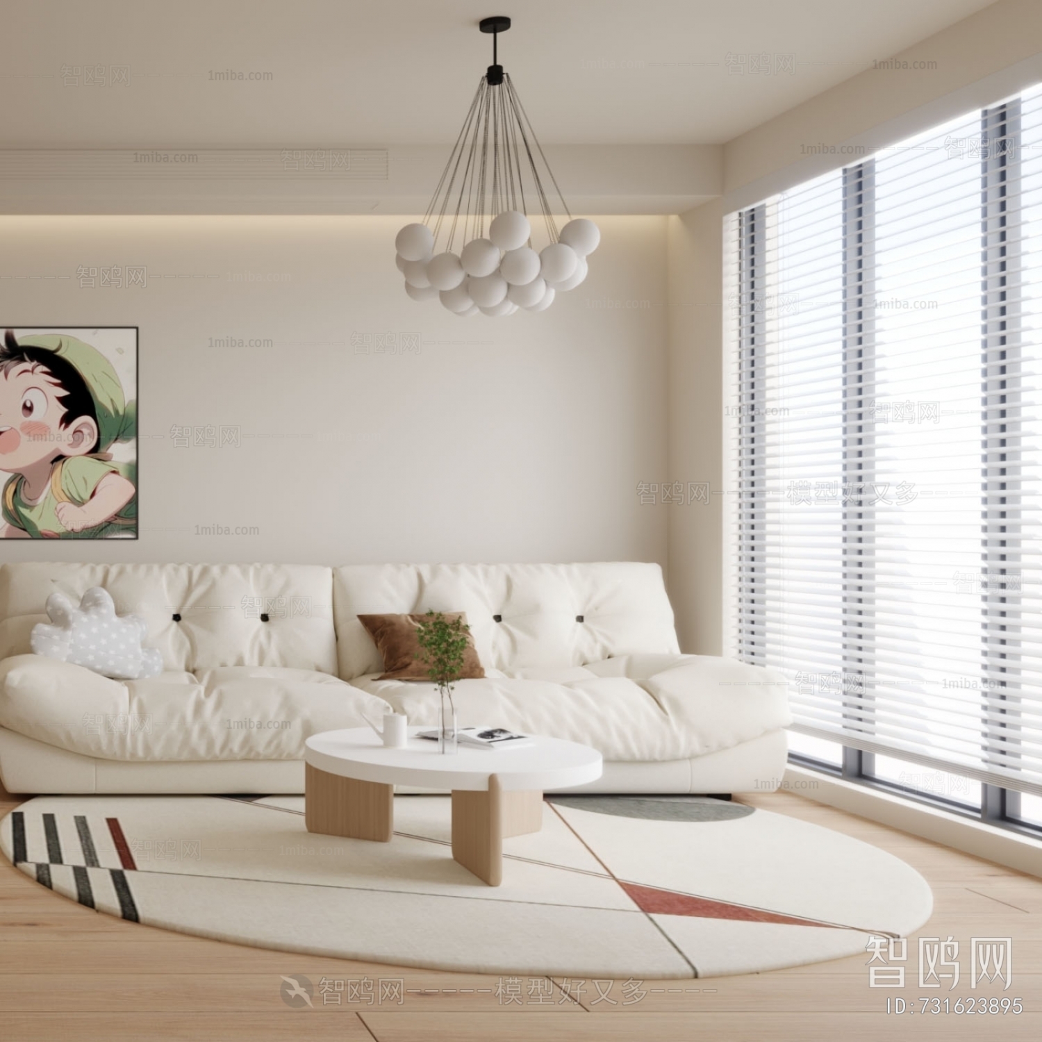 现代极简奶油风客厅3D模型下载_3dmax现代极简奶油风客厅模型编号731623895-智鸥网