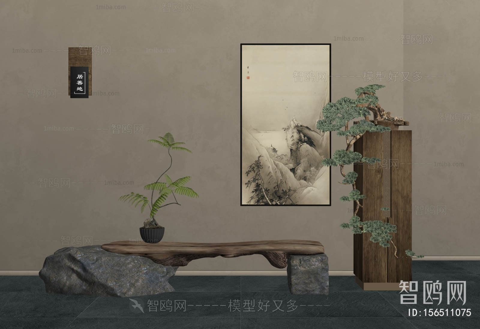 新中式侘寂风长凳 挂画 盆景