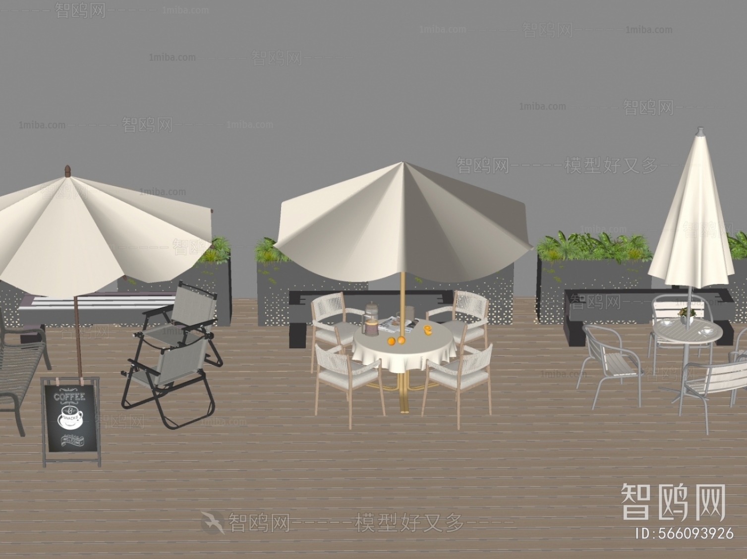 现代户外休闲桌椅 遮阳伞3D模型下载