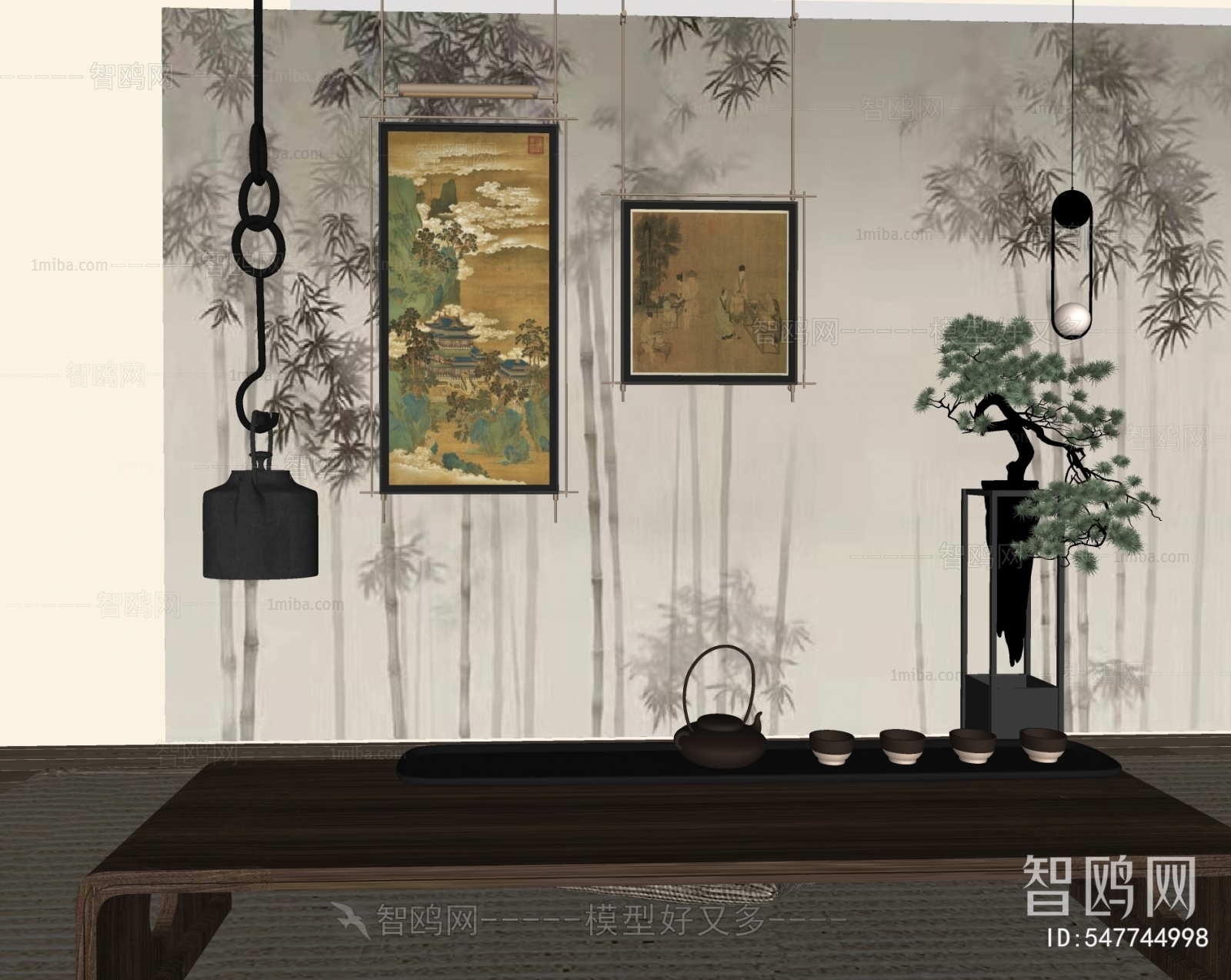 新中式复古高级挂画 茶桌