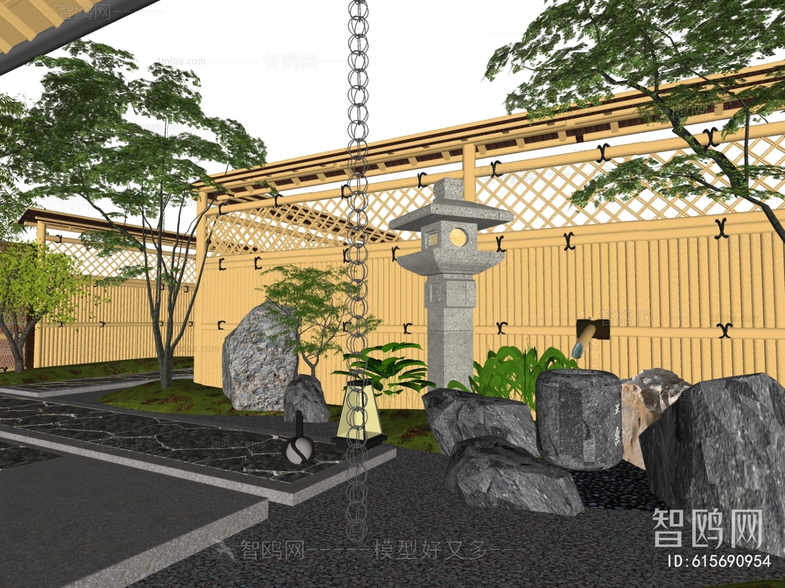 日式庭院景观廊架围墙