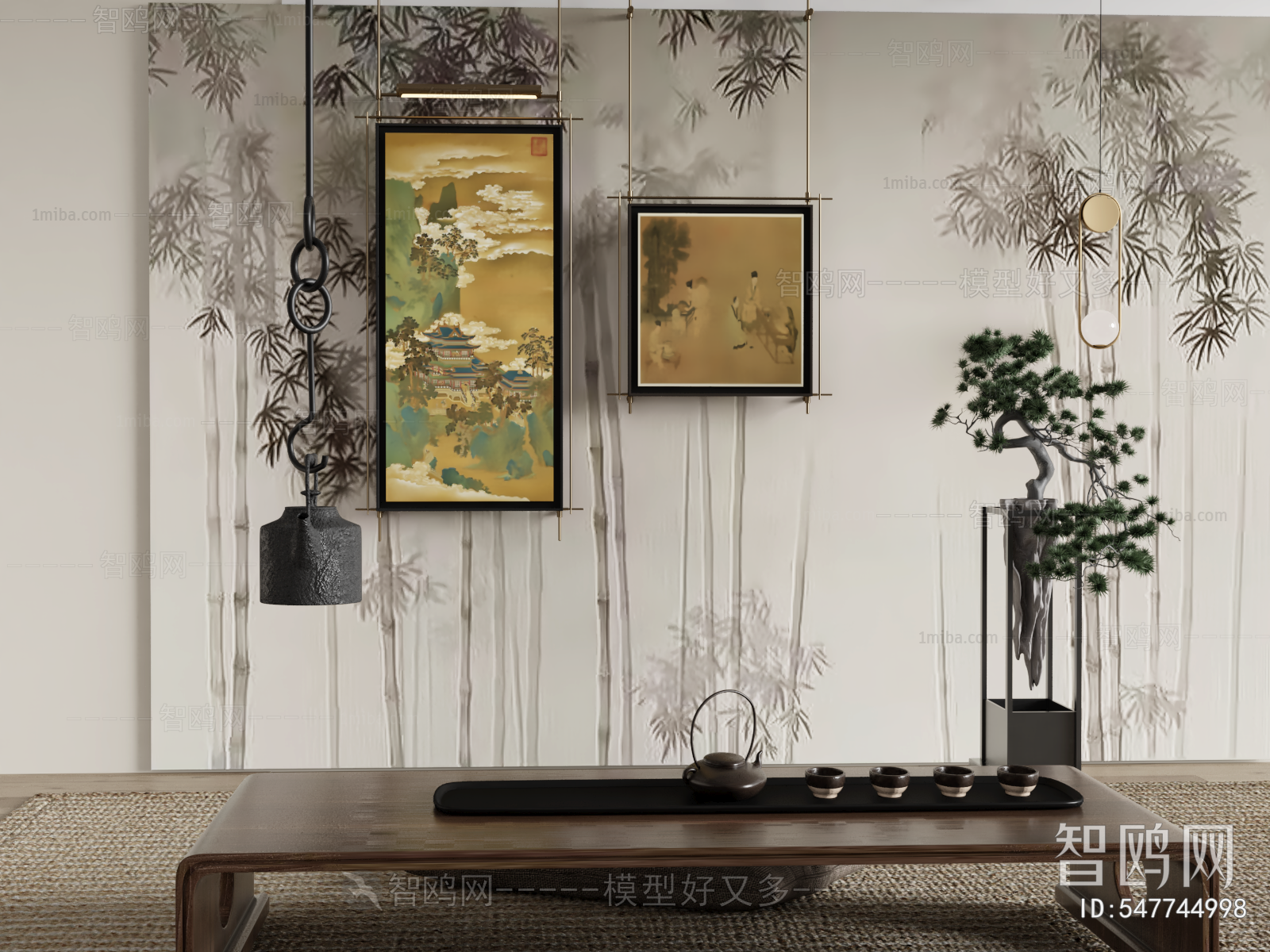 新中式复古高级挂画 茶桌