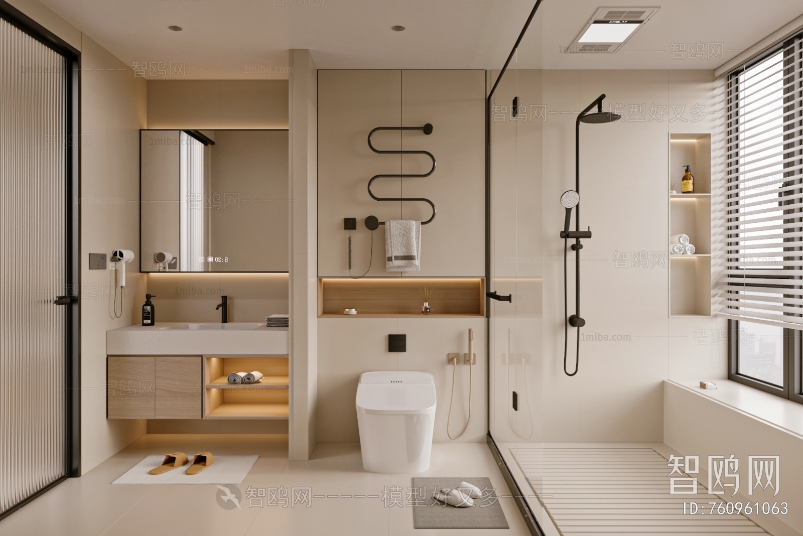 现代奶油风卫生间浴室3D模型下载