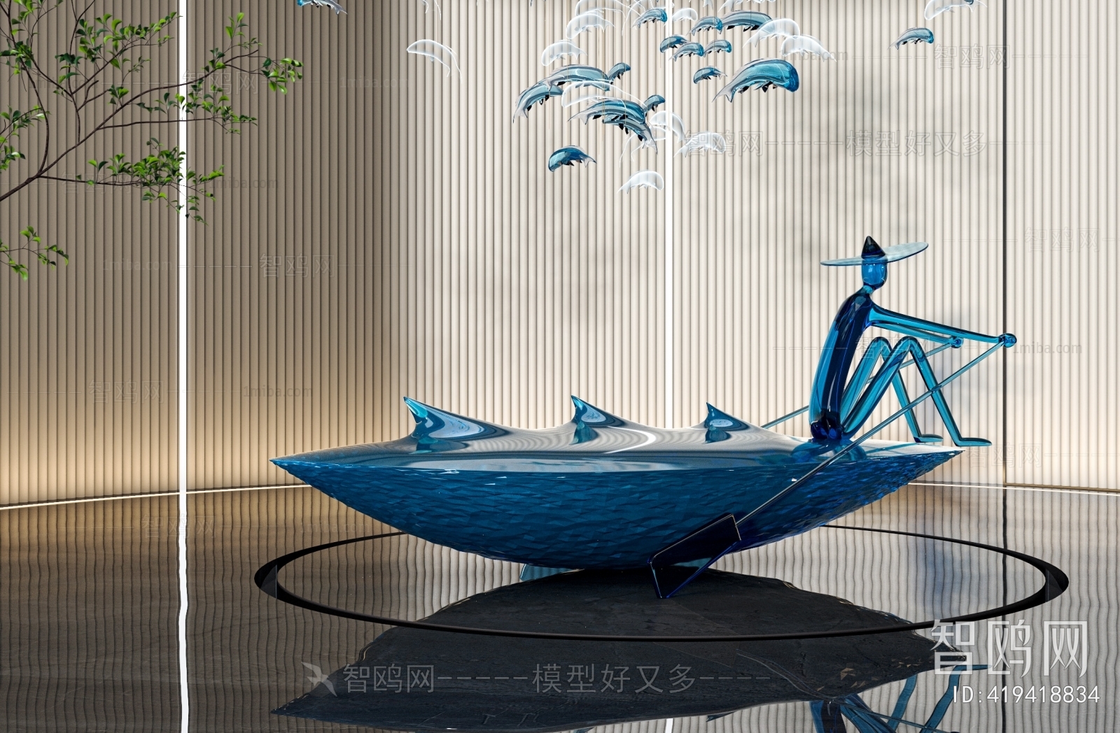 现代亚克力鱼 小船 人物雕塑3D模型下载