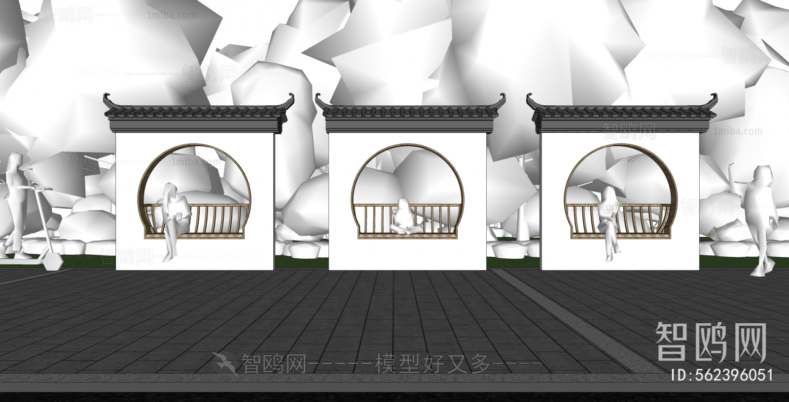 中式景墙 人物3D模型下载