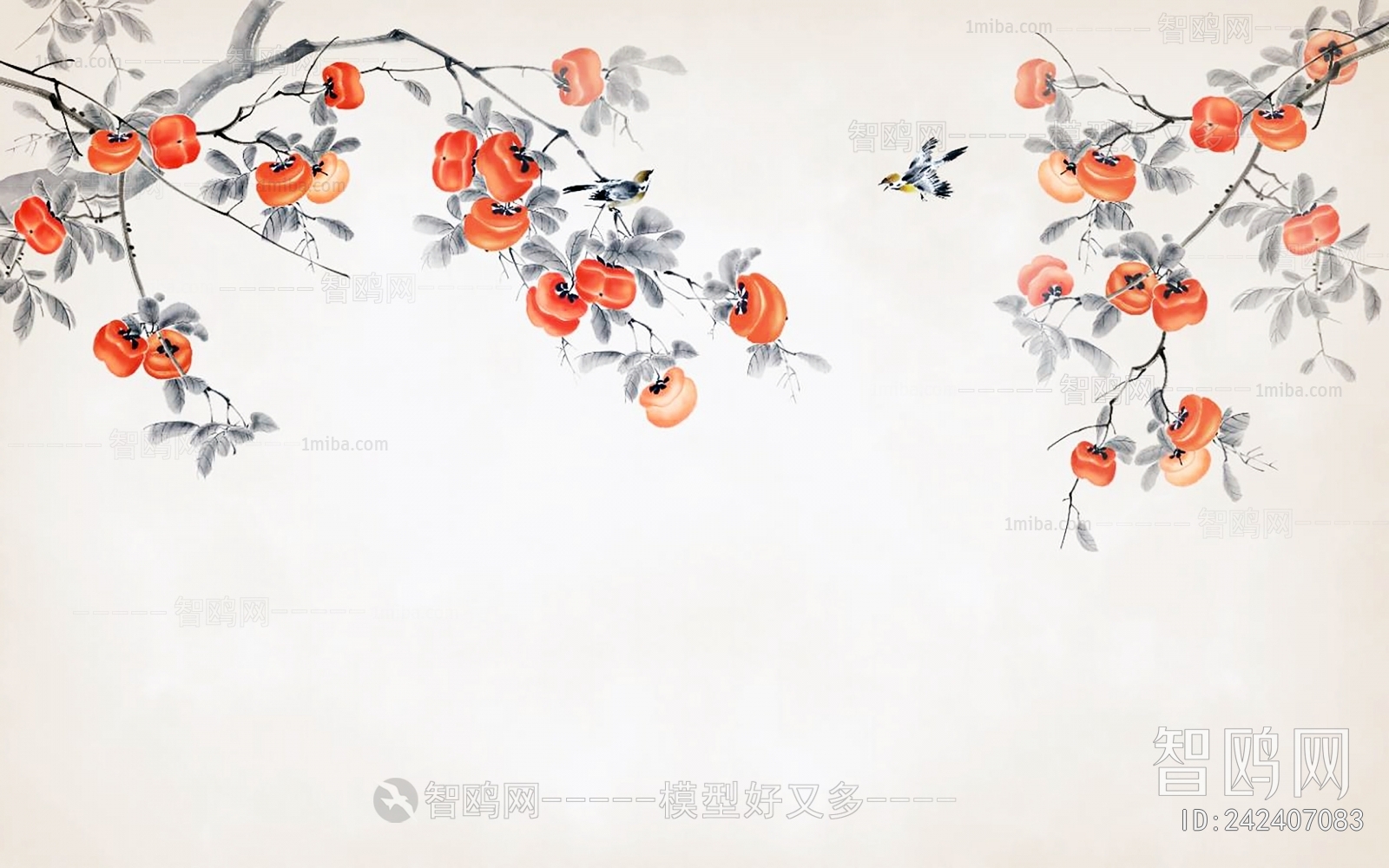 新中式花鸟柿柿如意背景墙