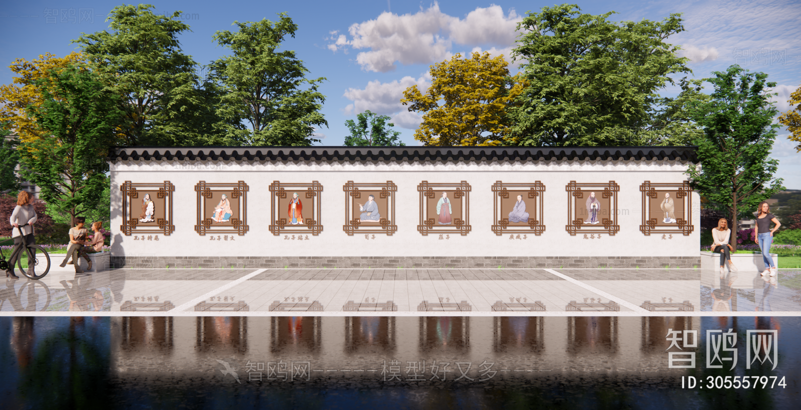 中式古代名人文化宣传景墙3D模型下载