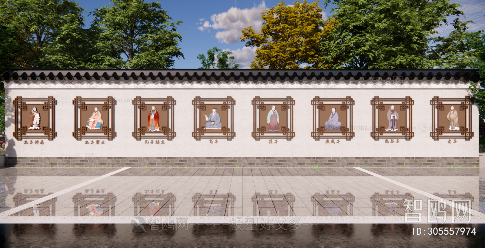 中式古代名人文化宣传景墙3D模型下载