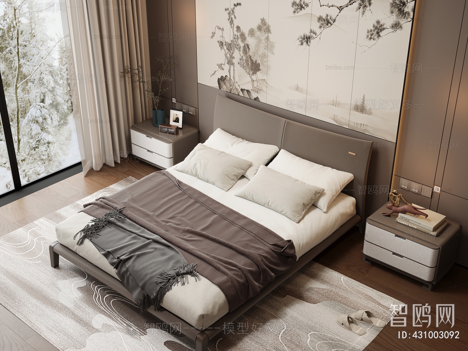 新中式双人床 床头柜