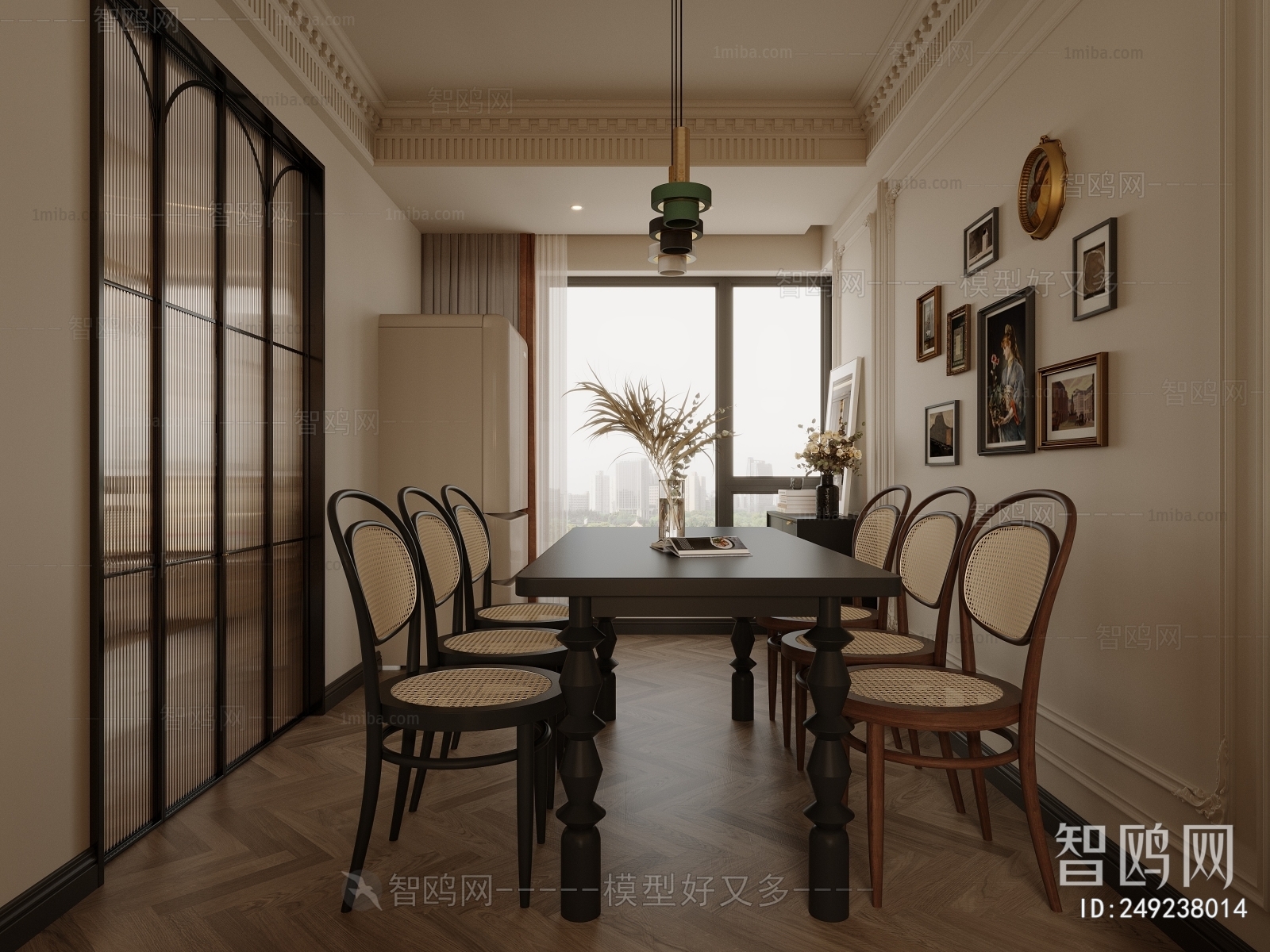 多场景-法式中古风客厅+餐厅3D模型下载