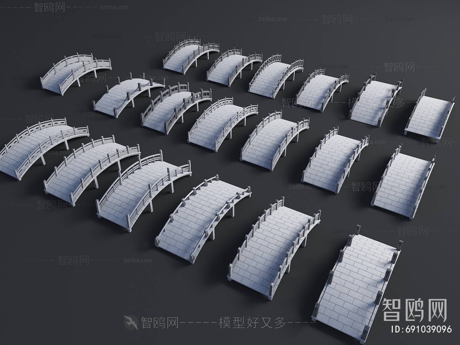 中式景观石拱桥3D模型下载