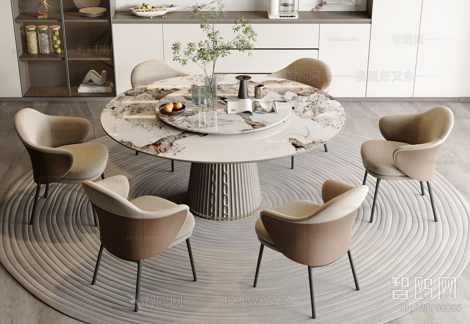 现代圆形餐桌椅3D模型下载