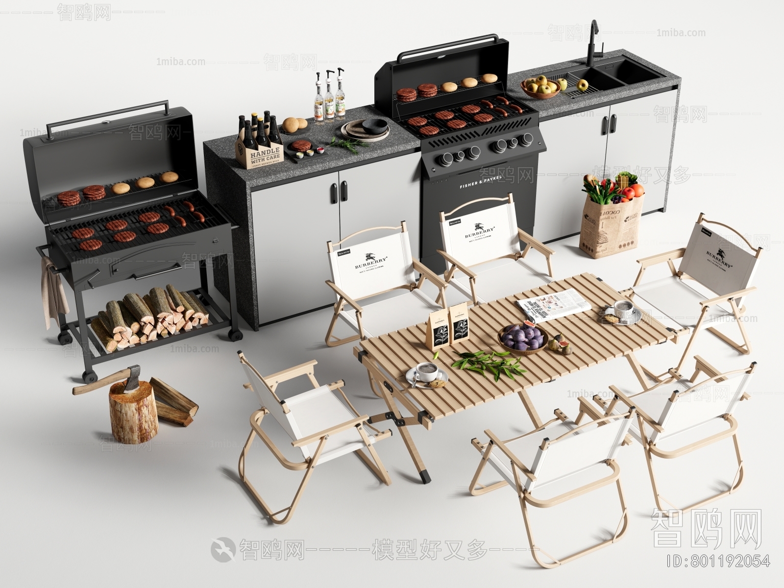 现代户外桌椅 烧烤台3D模型下载