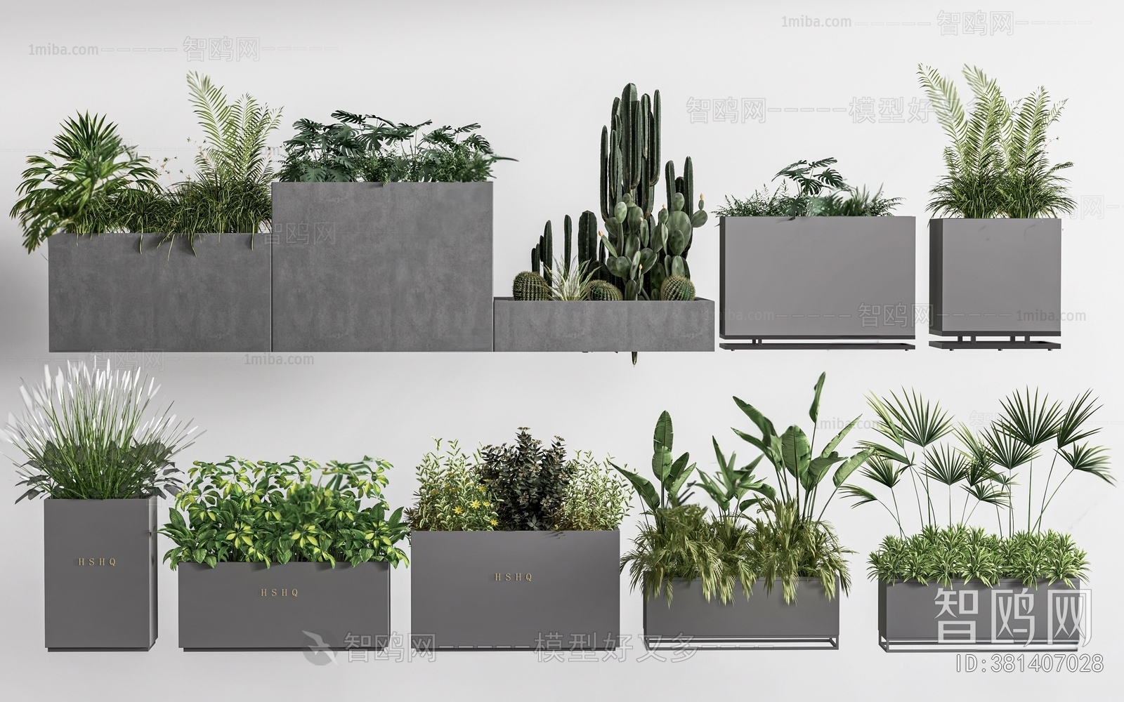 现代外摆花箱  盆栽植物3D模型下载
