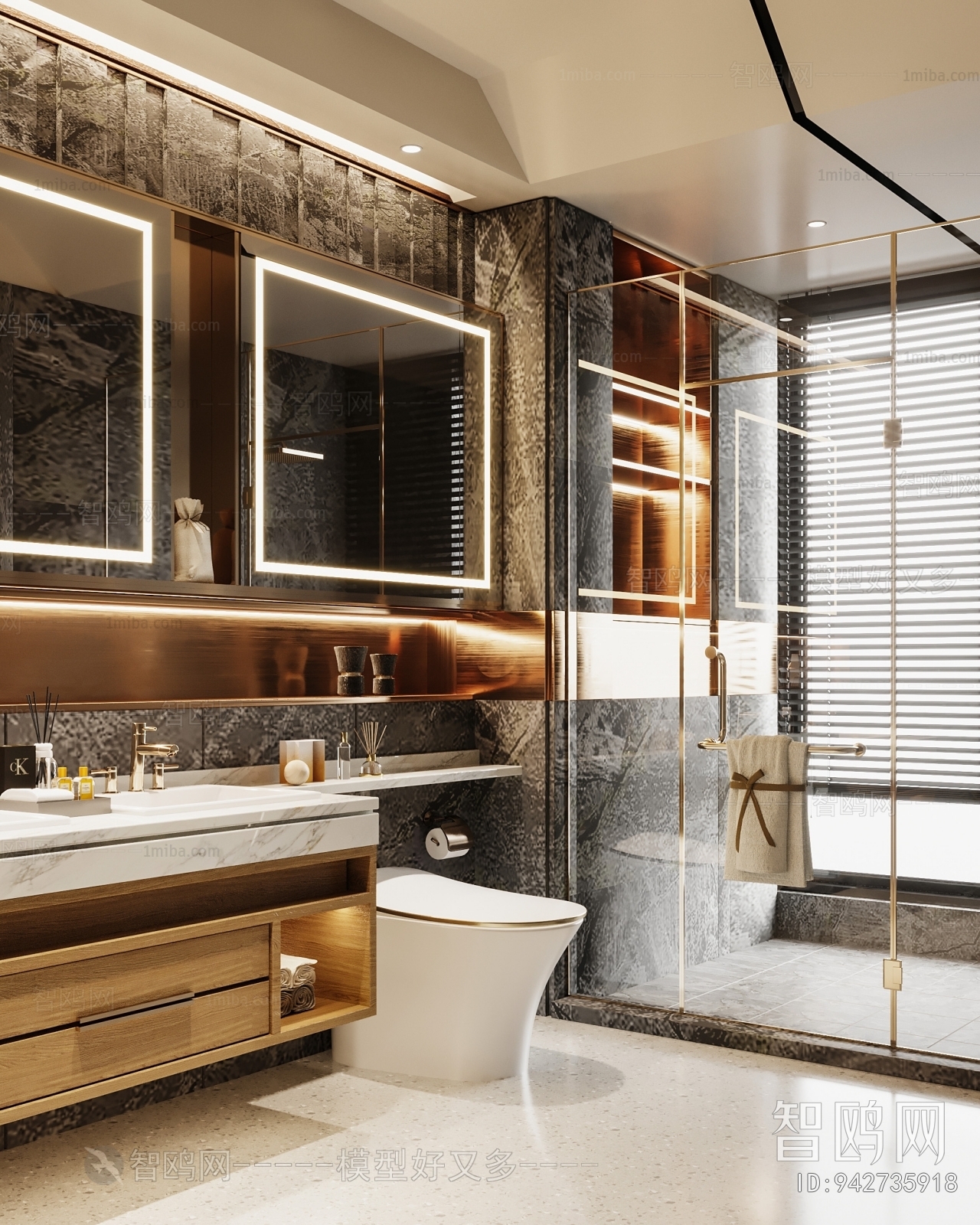 现代轻奢卫生间浴室3D模型下载