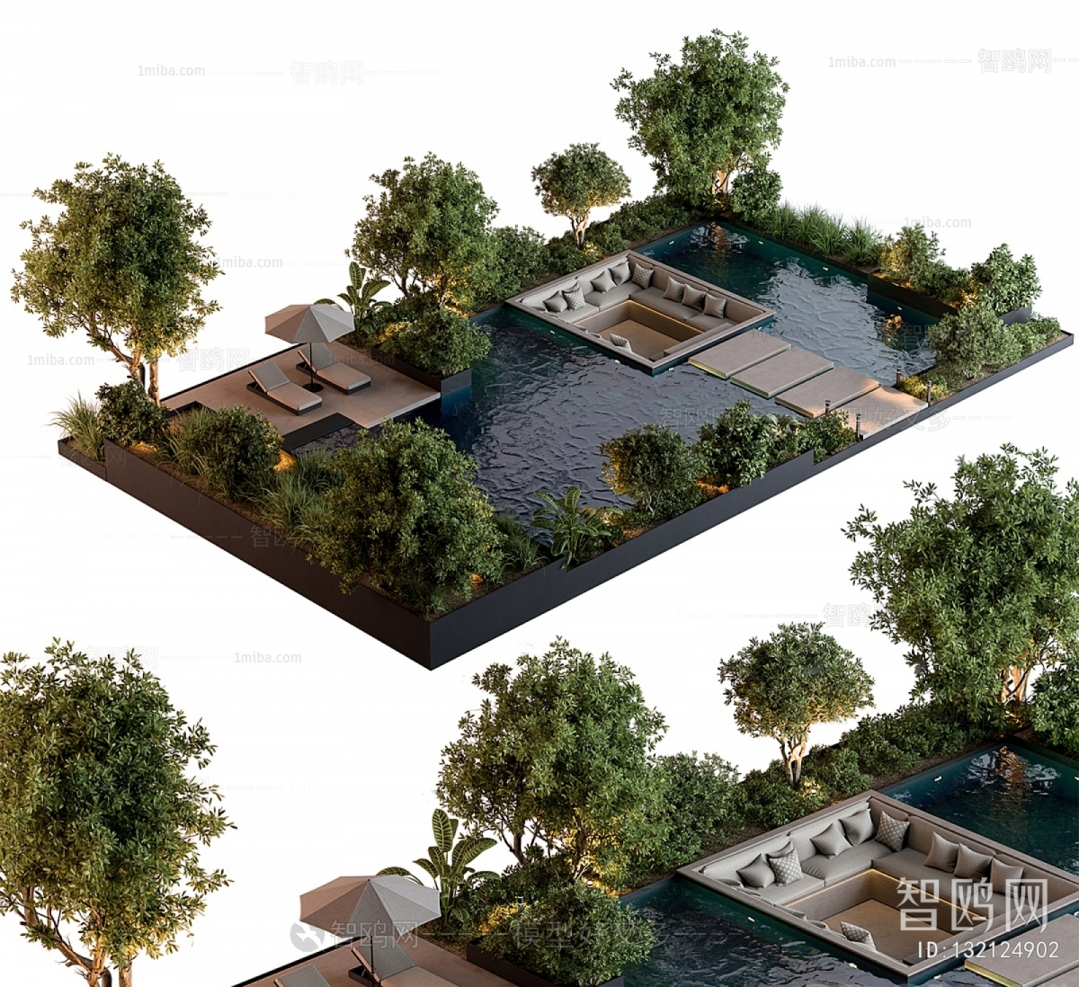 现代游泳池景观小品3D模型下载