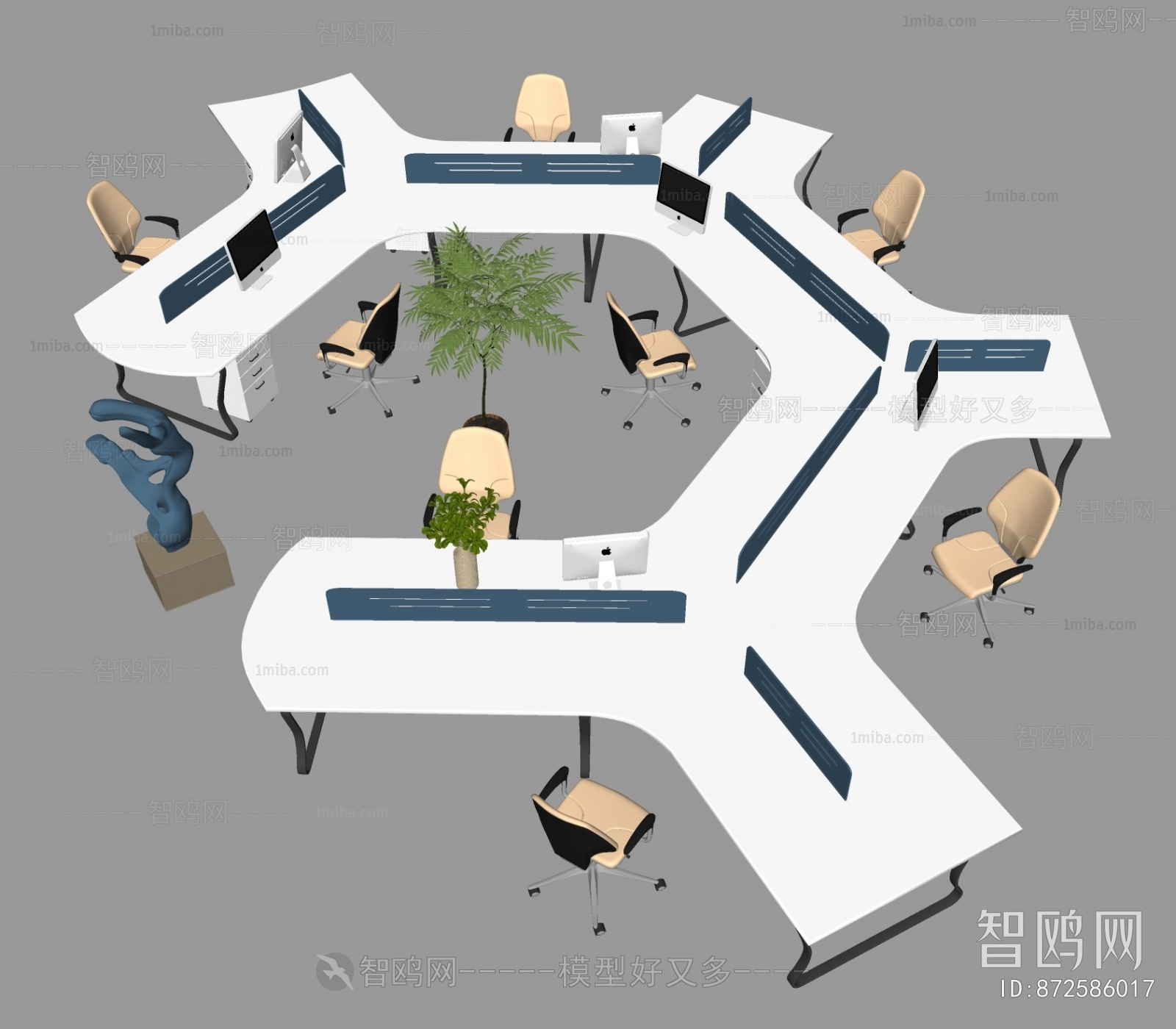 现代异型员工办公桌椅组合3D模型下载