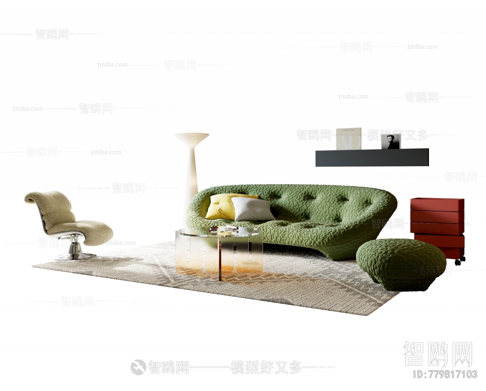 现代绿色布艺沙发茶几组合