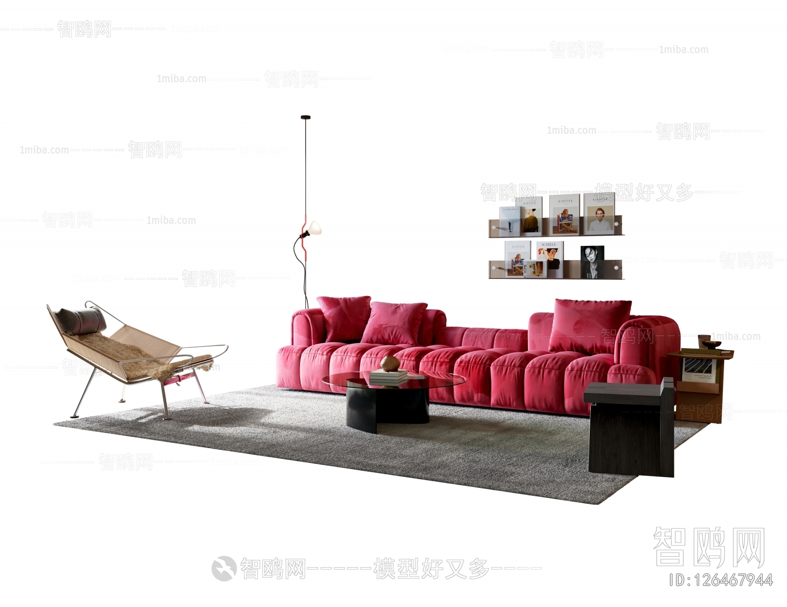 现代红色布艺多人沙发茶几组合