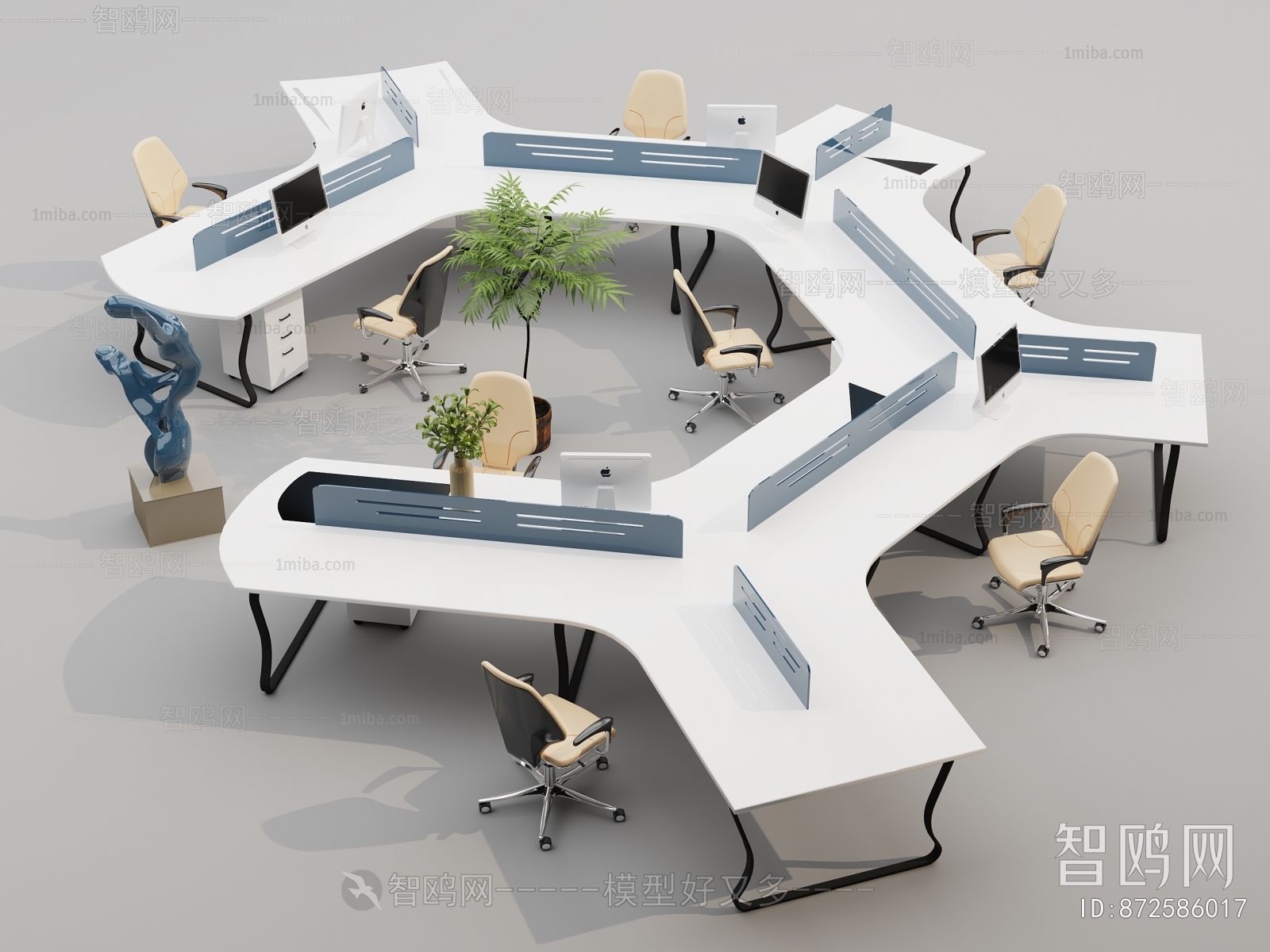 现代异型员工办公桌椅组合3D模型下载