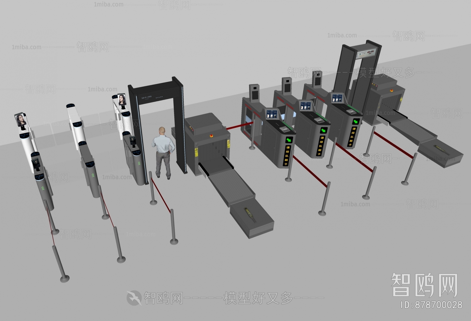 现代安检口道闸组合3D模型下载