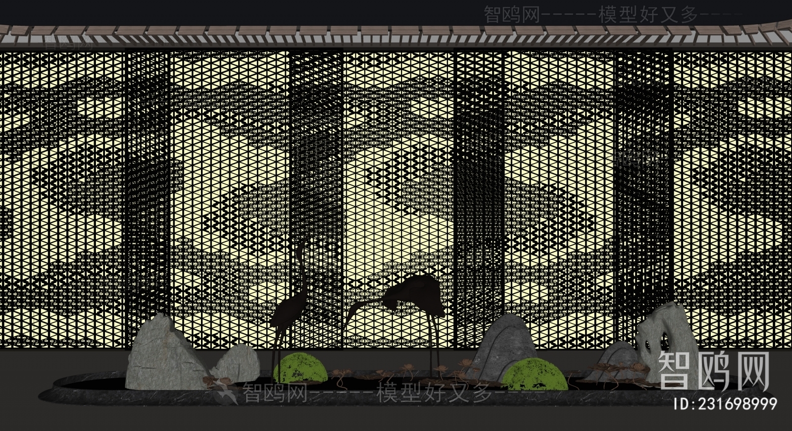 新中式假山水景 仙鹤 石头3D模型下载