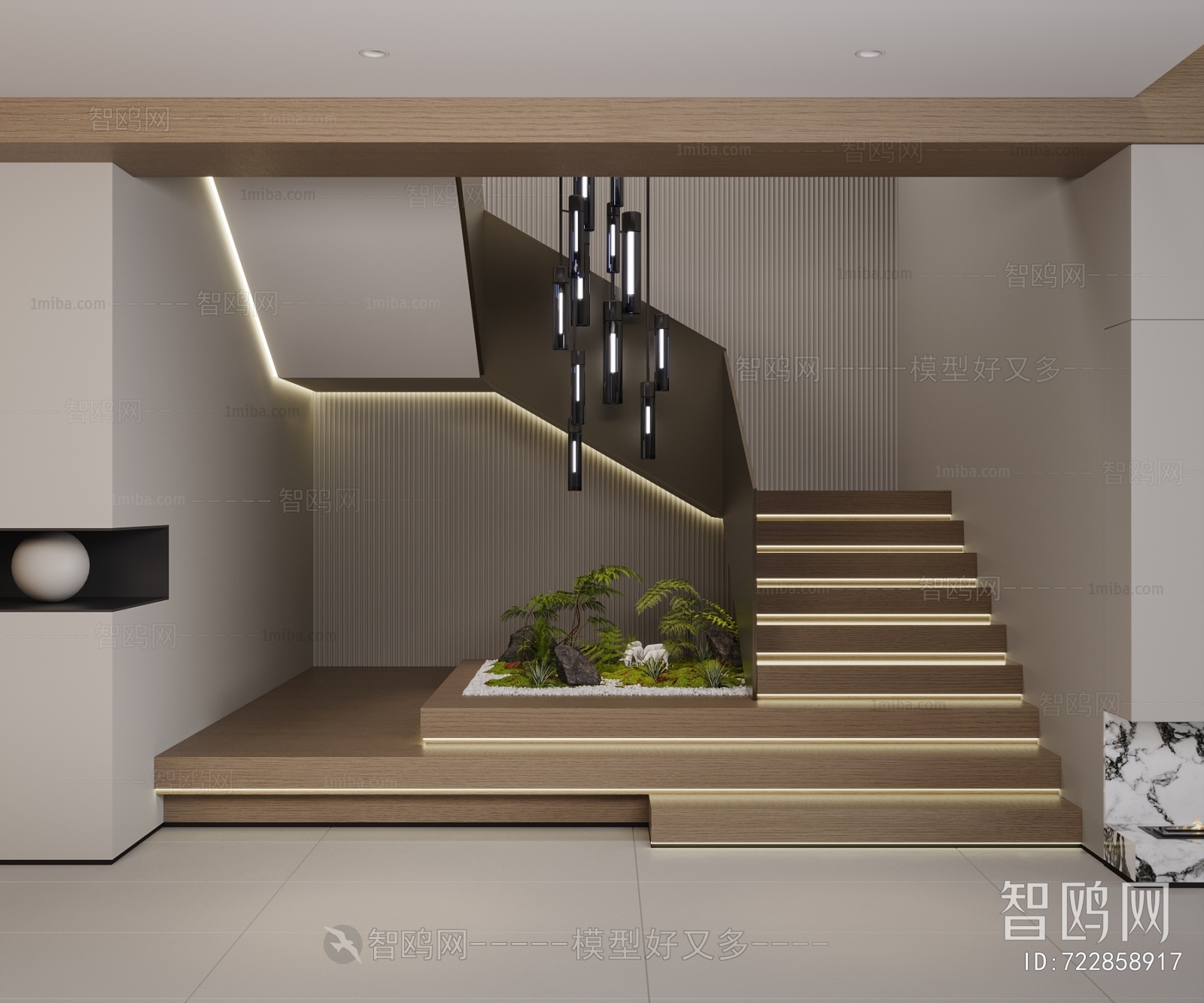 现代轻奢别墅楼梯间3D模型下载
