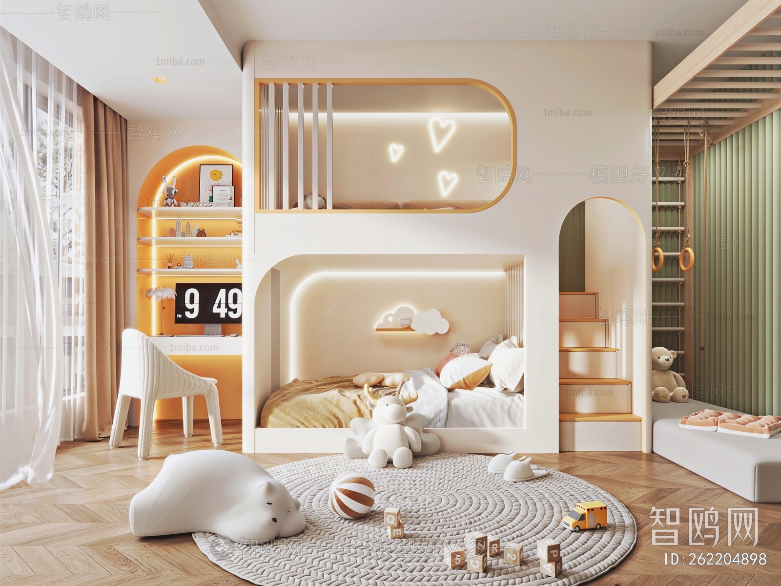 现代奶油风上下铺儿童房3D模型下载