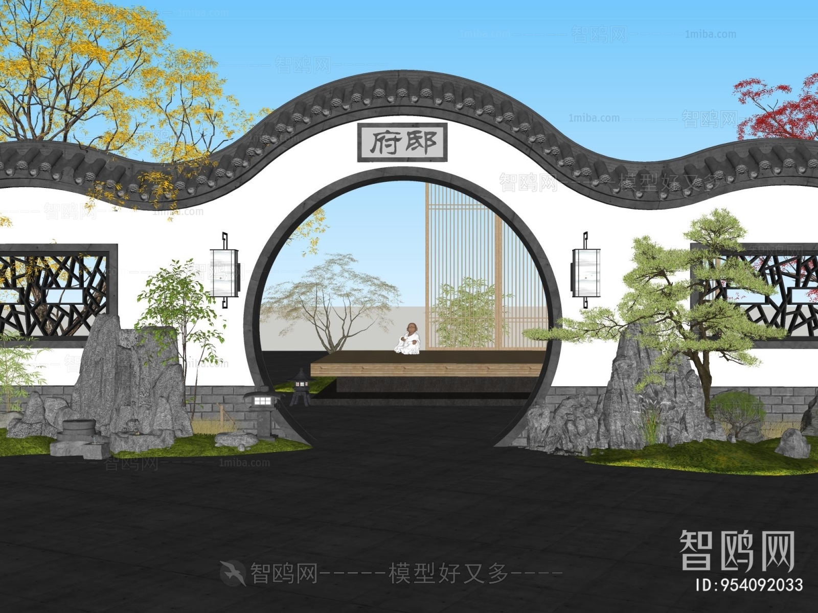 中式庭院景观景墙月亮门
