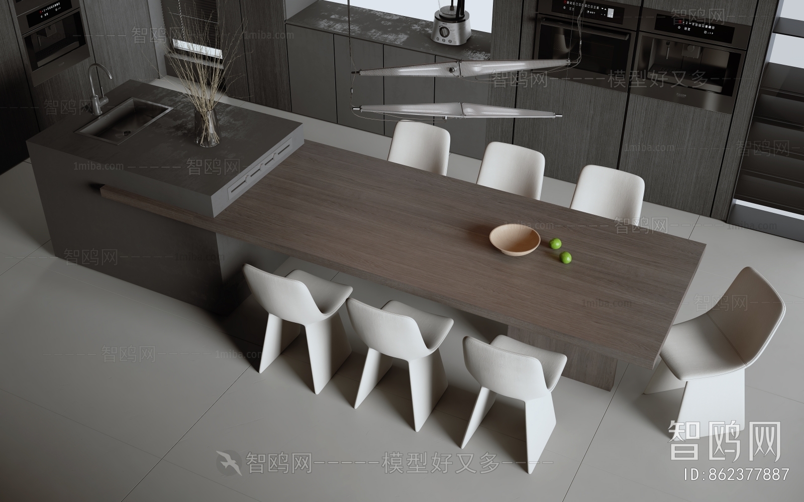 现代中岛台餐桌椅3D模型下载