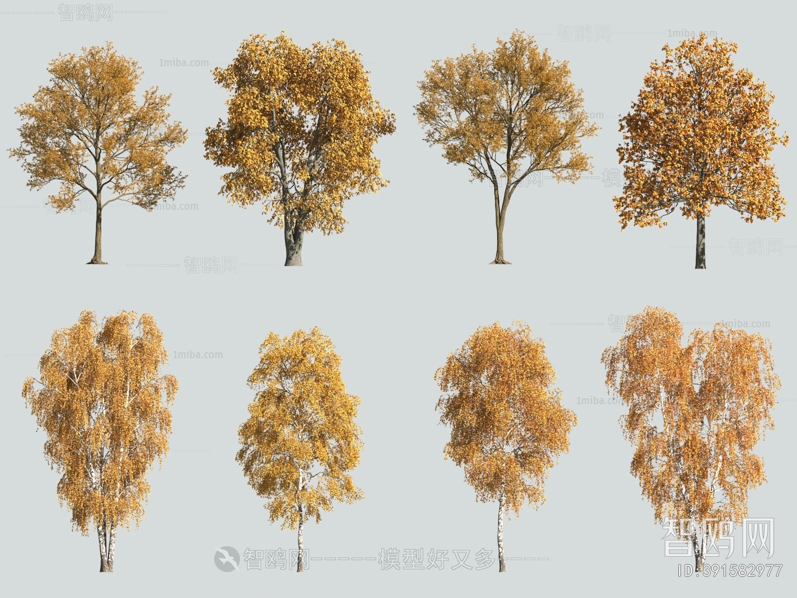 现代秋季黄叶树组合3D模型下载