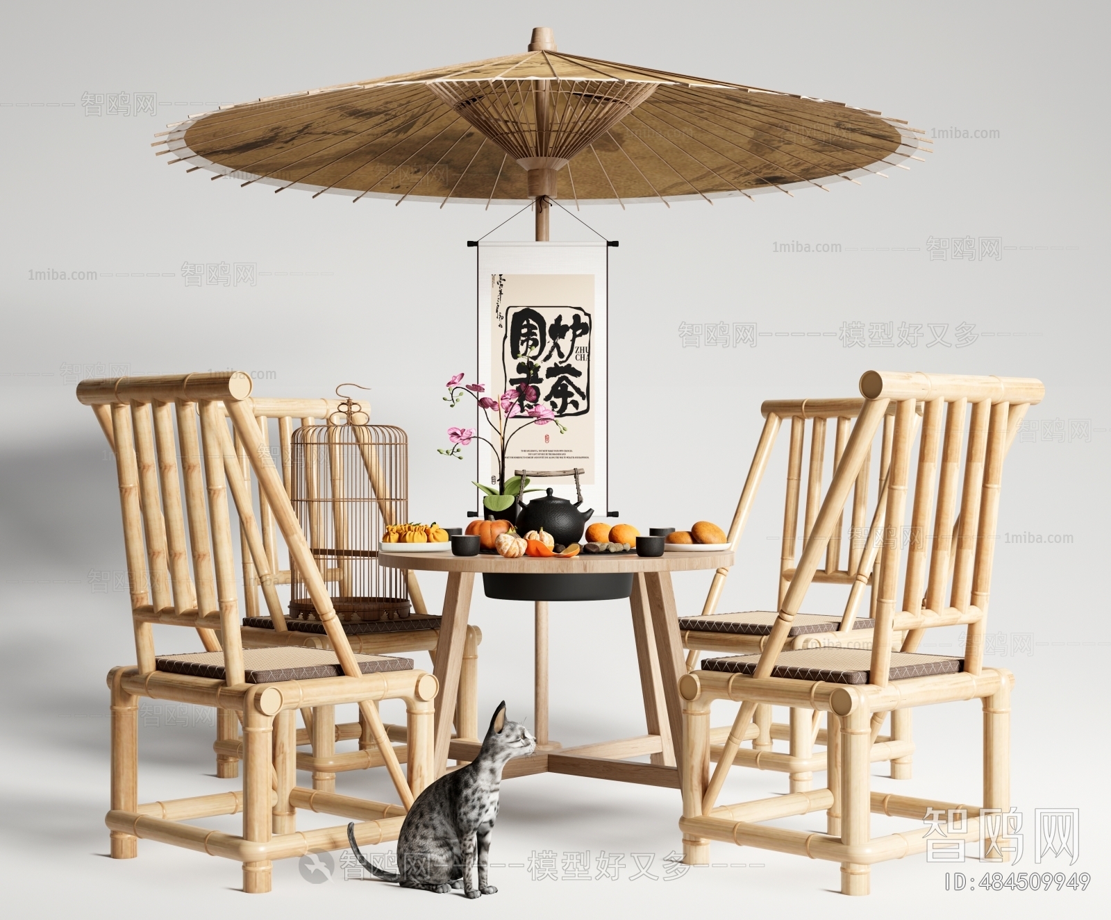 新中式户外竹编圆茶桌椅组合