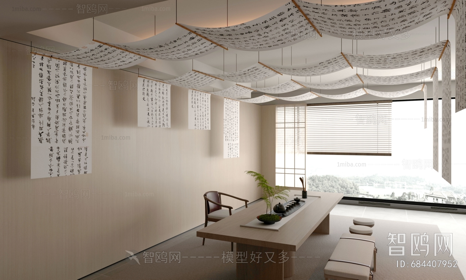 新中式茶室 纱幔吊顶3D模型下载