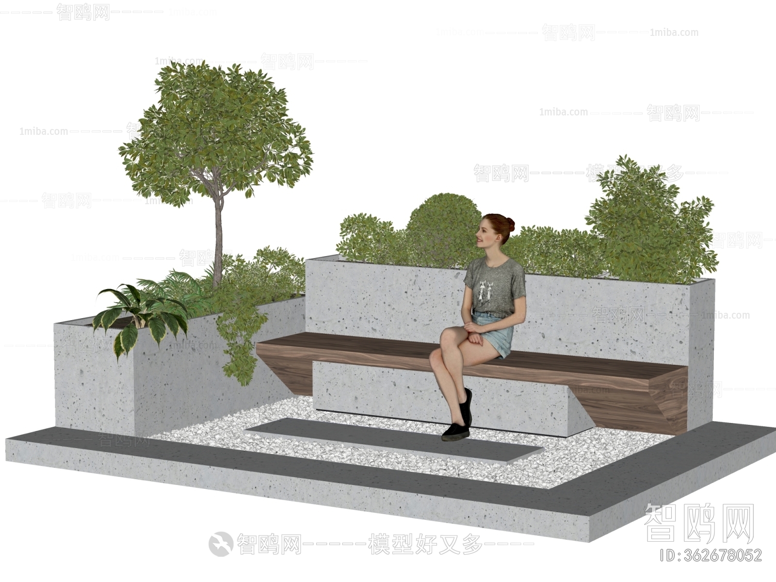 现代景观座椅花池植物组合3D模型下载