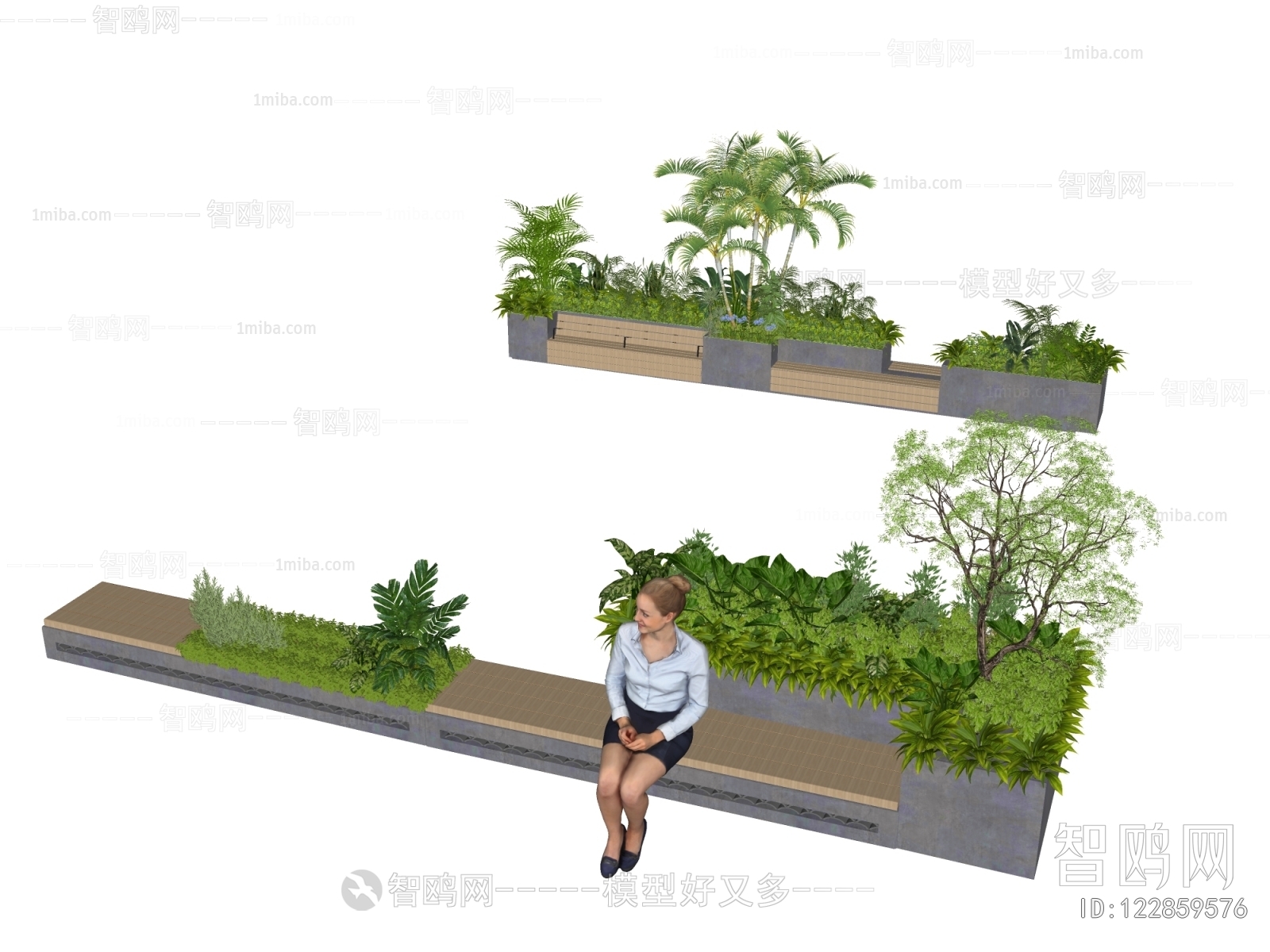 现代景观座椅花池植物组合3D模型下载