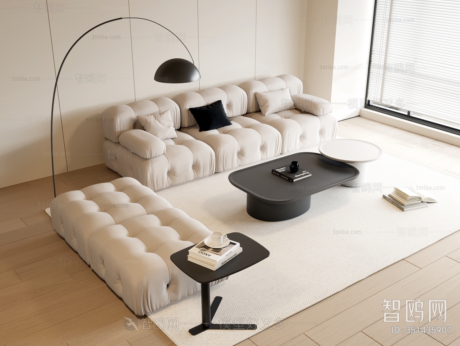 现代奶油风沙发茶几组合3D模型下载