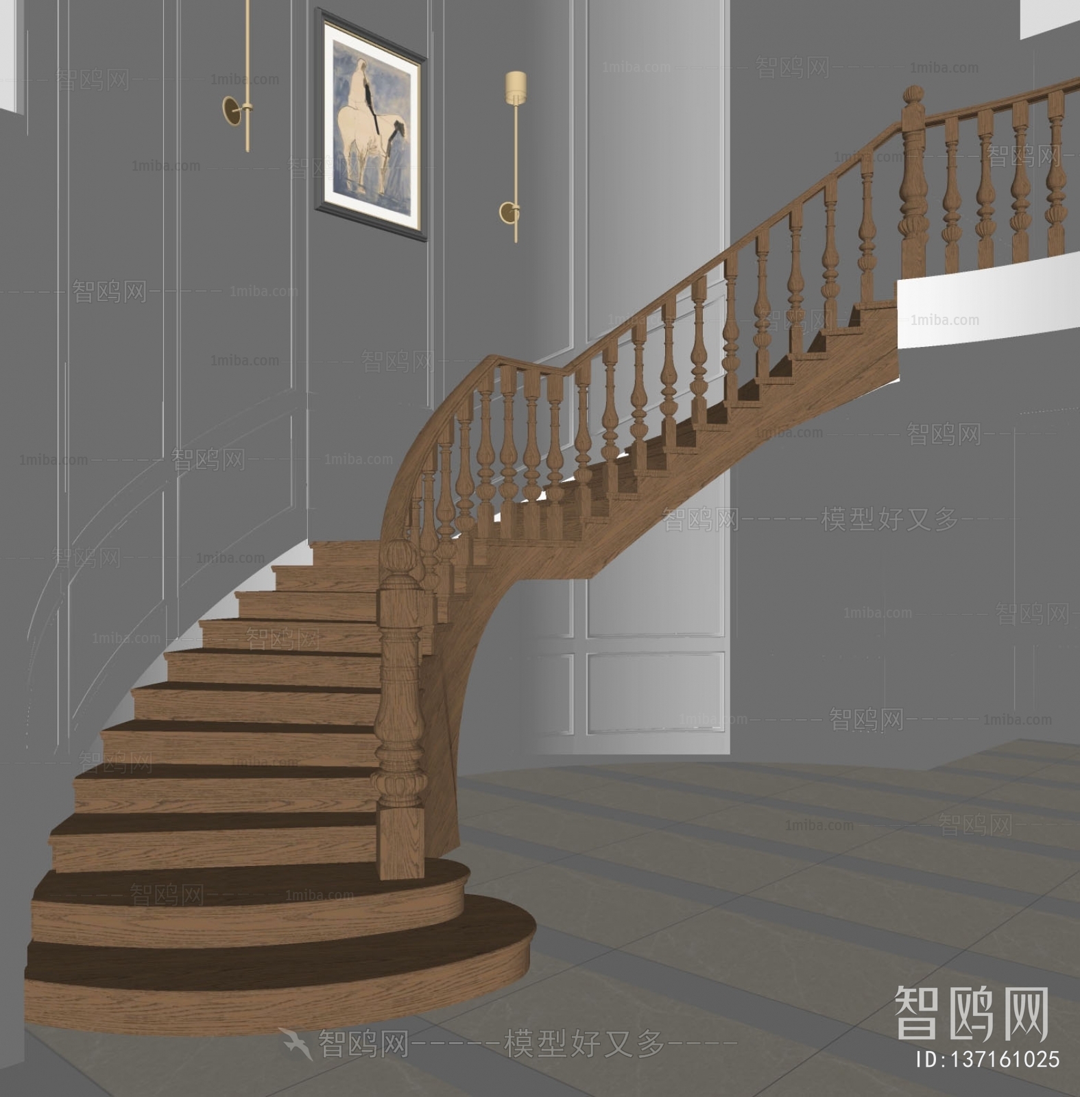 美式扶手楼梯间3D模型下载