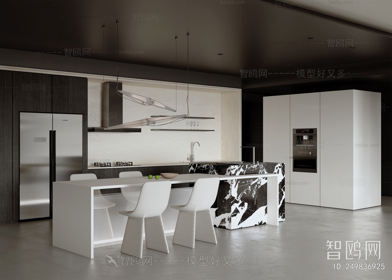 现代开放式厨房餐厅3D模型下载