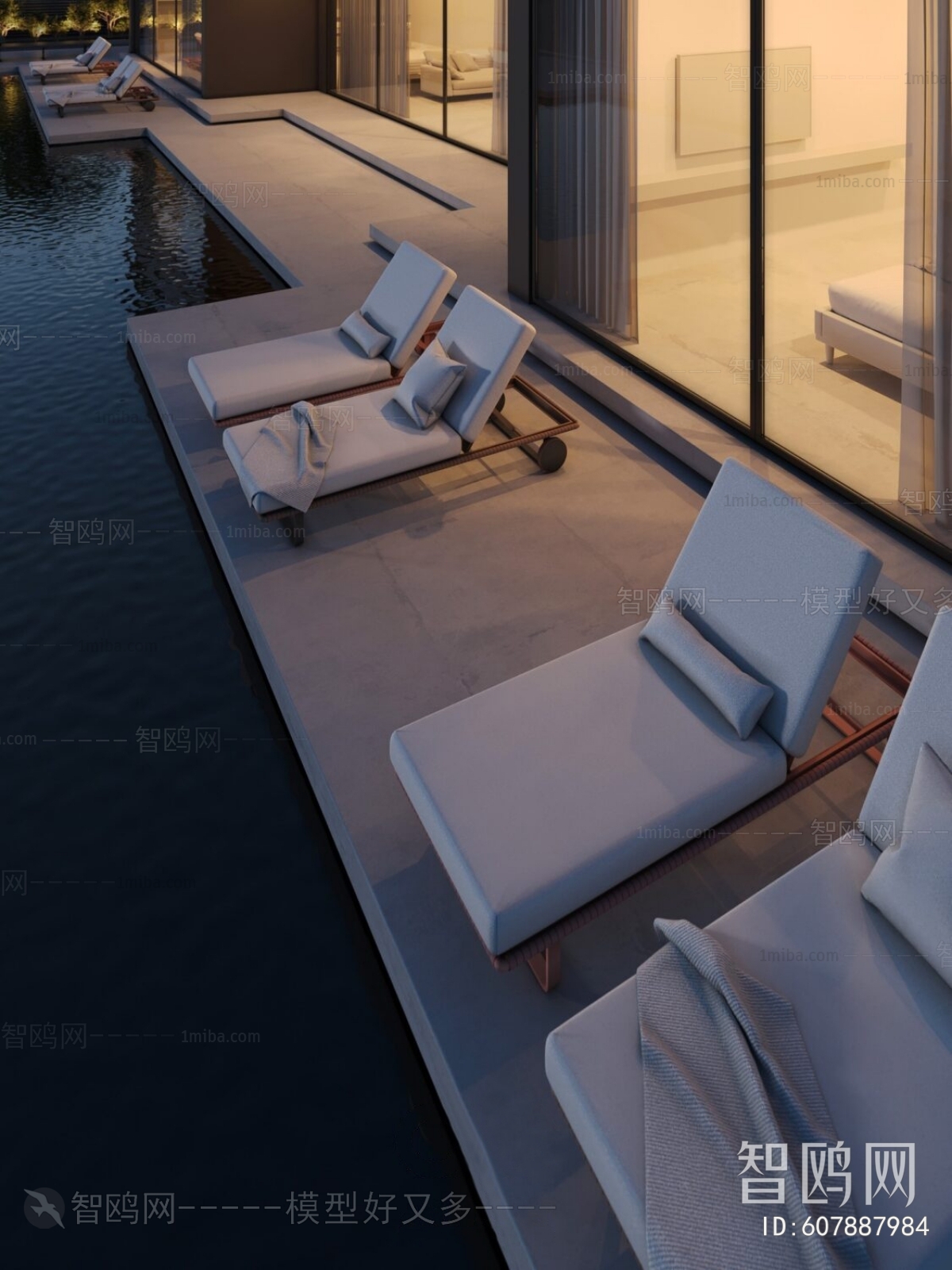 现代独栋别墅 泳池3D模型下载