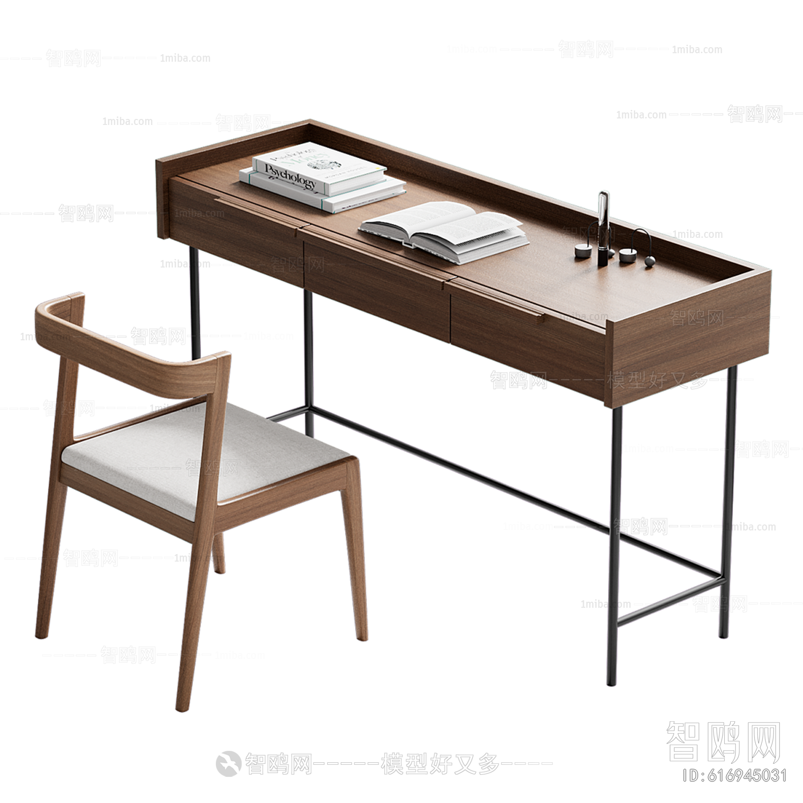 现代实木书桌椅3D模型下载