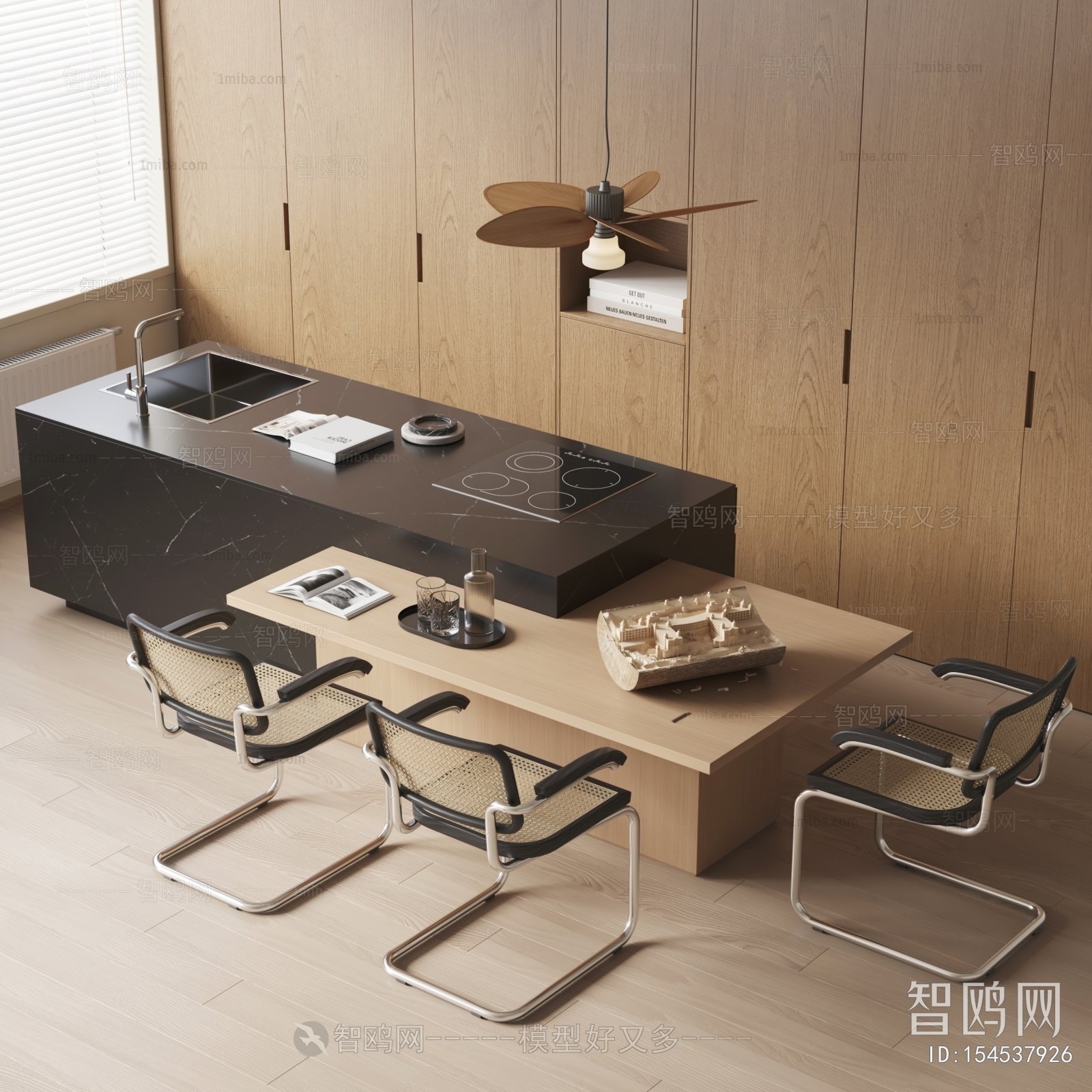 现代中岛餐桌藤编椅组合