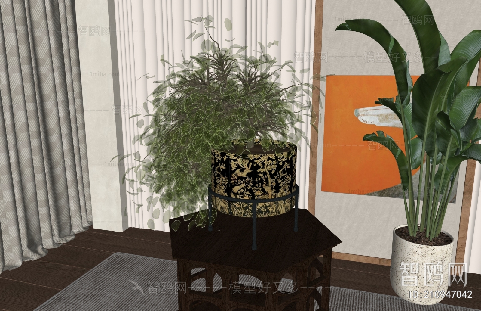 复古风冬青叶米兰叶绿植盆栽3D模型下载