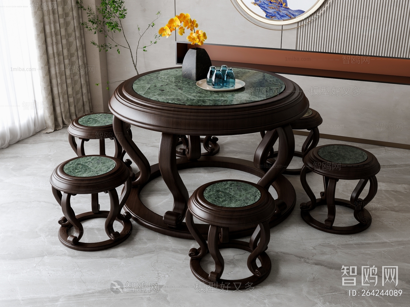 新中式圆形茶桌凳组合