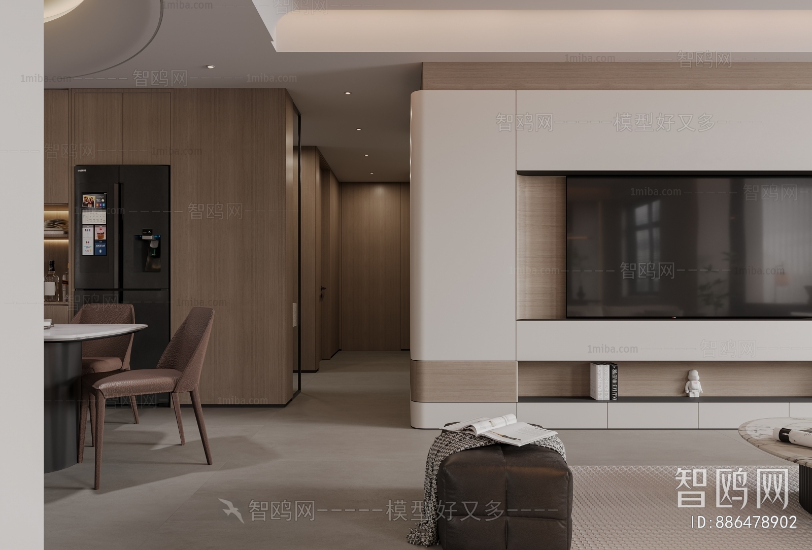多场景-现代意式客厅+餐厅3D模型下载