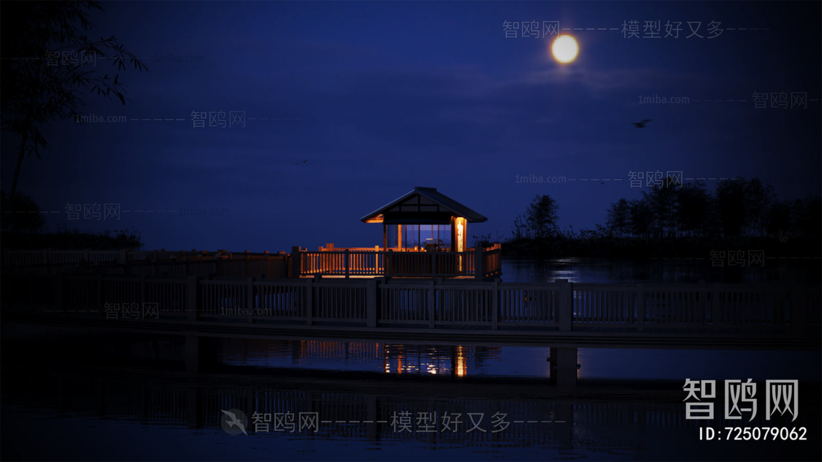 中式公园湖边凉亭夜景