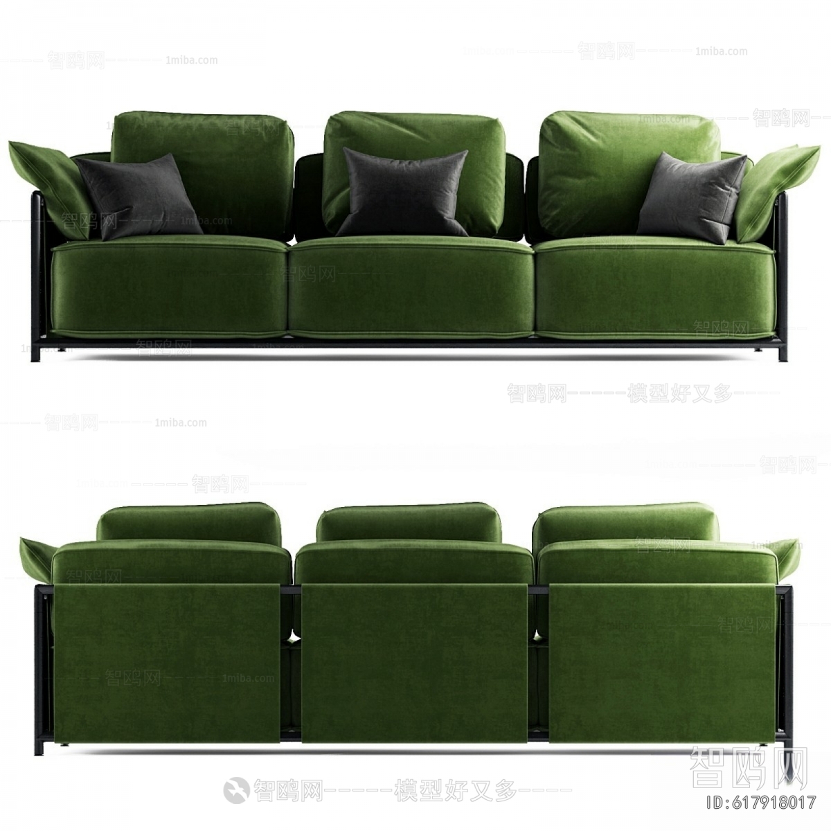 现代绿色三人沙发
