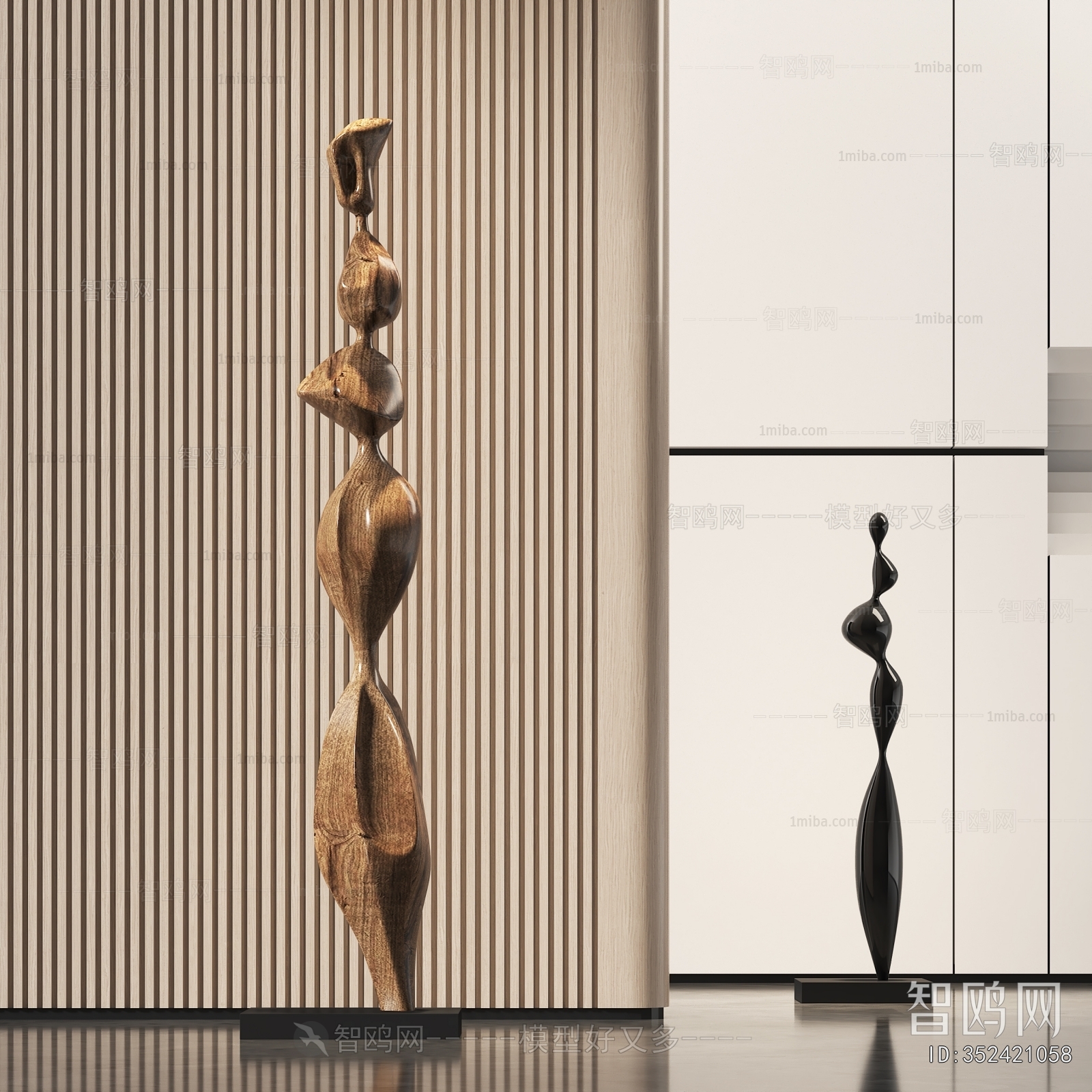 现代抽象木质雕塑摆件3D模型下载