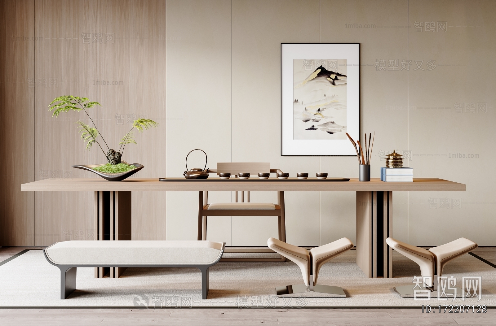 现代茶桌椅坐凳组合3D模型下载